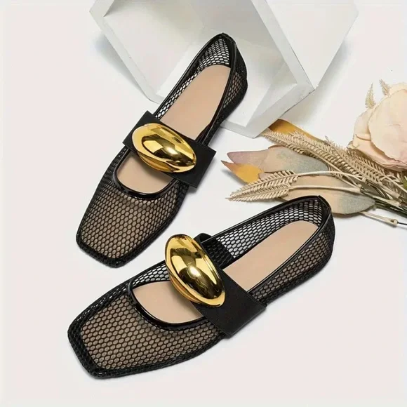 New Fishnet Mesh Ballet Flats Gold Metallic Buckle NWT Black Slip On Square Toe - Picture 2 of 9